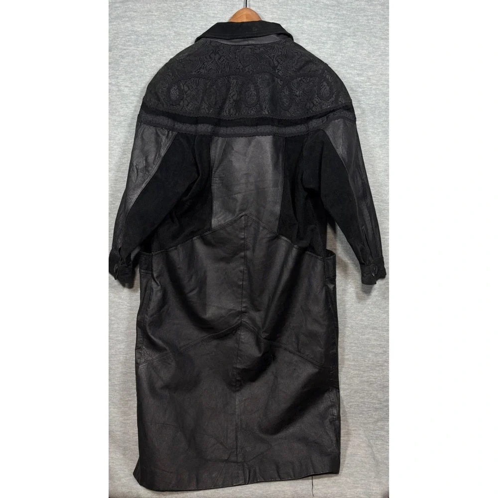 Vtg G-III Black Leather Coat‎ Womens M Suede Paisley Trench Duster Jacket
